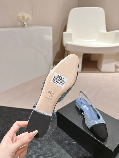 SLINGBACKS IN LIGHT BLUE DENIM AND BLACK SATIN