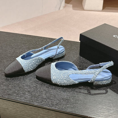 SLINGBACKS IN LIGHT BLUE DENIM AND BLACK SATIN