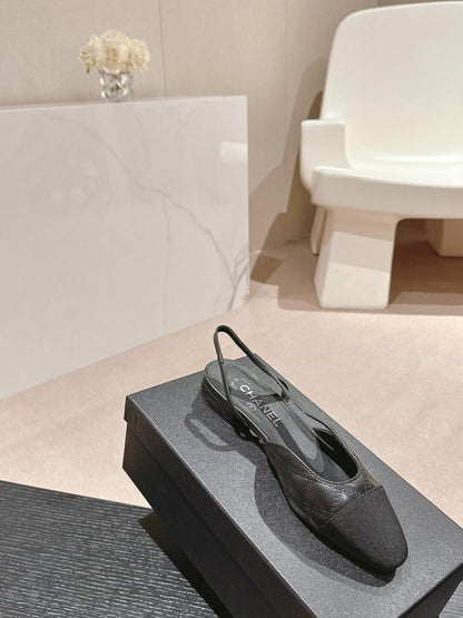 SLINGBACKS IN BLACK LAMBSKIN AND SATIN