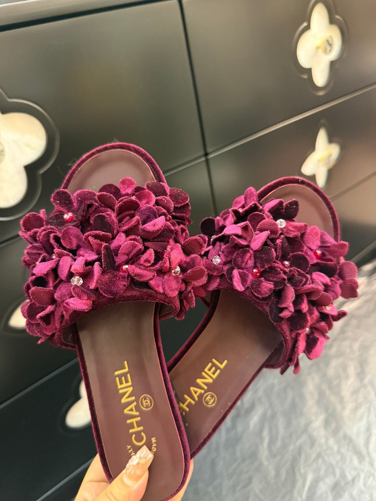 FLAT MULE 15 MM IN PLUM PURPLE VELVET