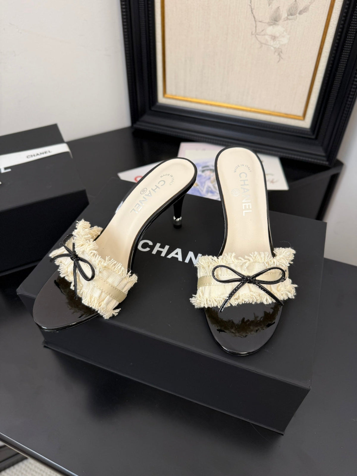WHITE GROSGRAIN CANVAS BOW MULE SANDALS 90 MM