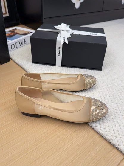 BALLET FLAT IN CAMEL BEIGE FABRIC AND MESH WITH CRYSTALS