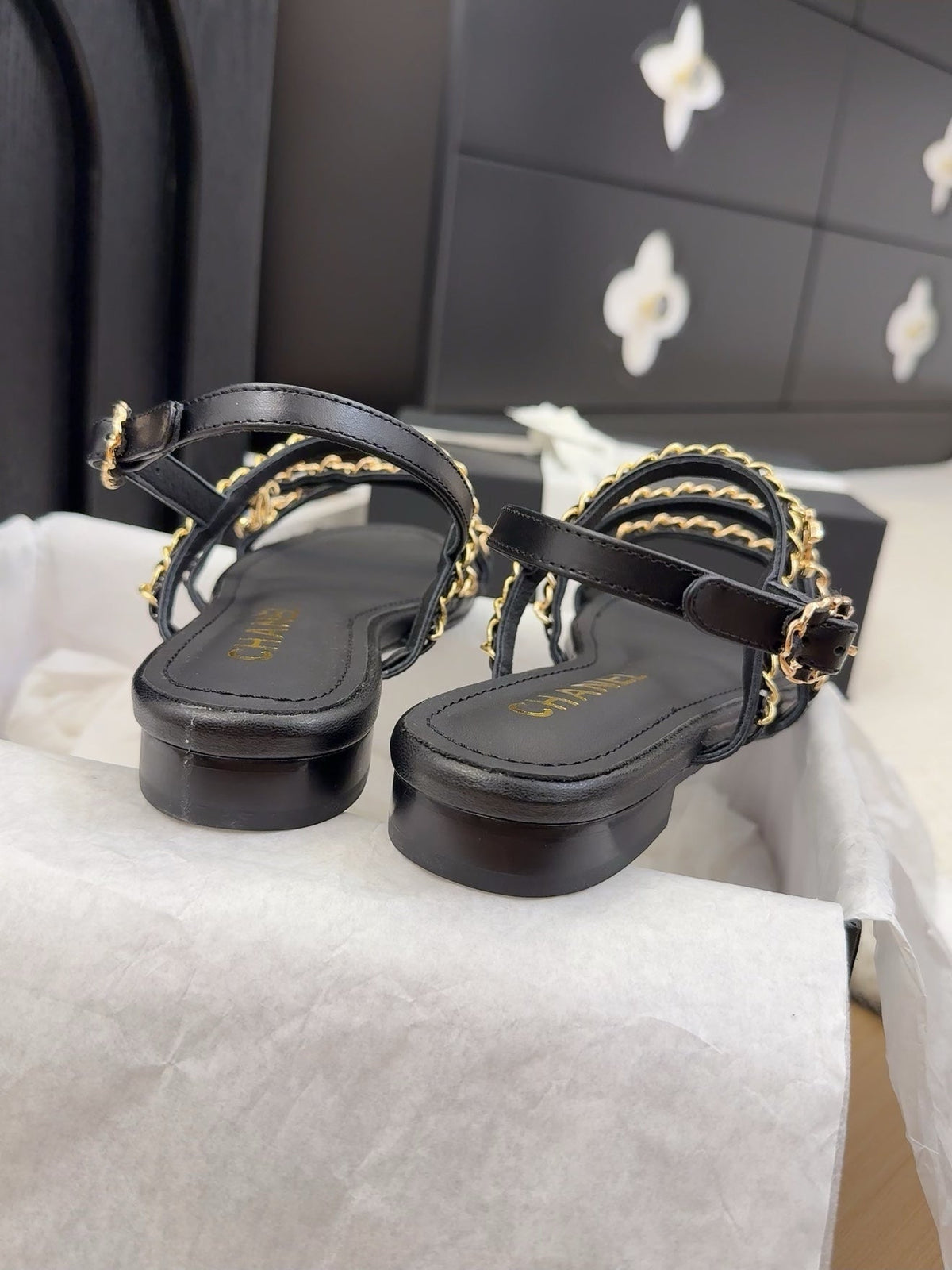 THREE-STRAPS SANDALS IN BLACK CALFSKIN WITH GOLD HARDWARE