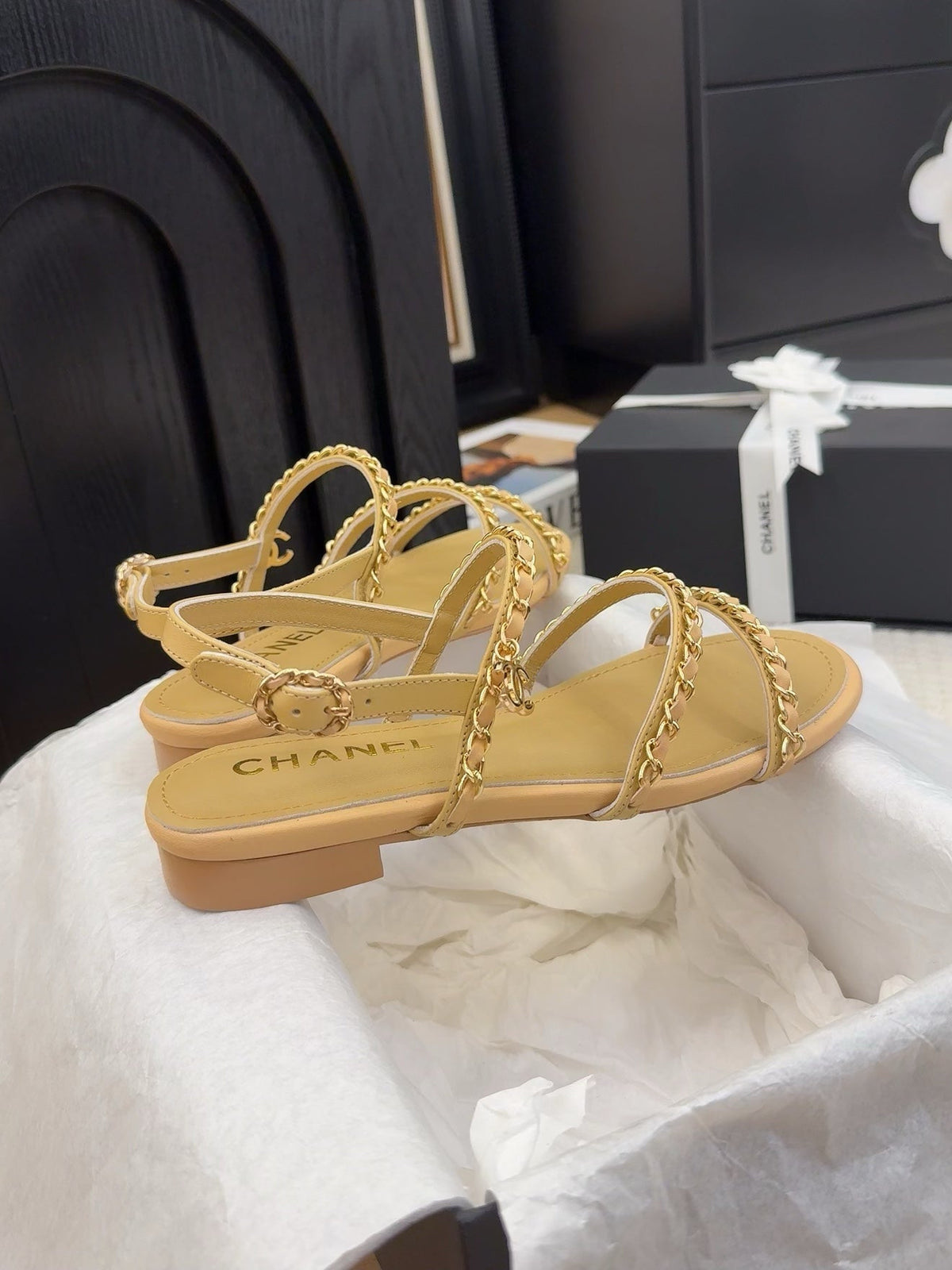 THREE-STRAPS SANDALS IN SAND YELLOW CALFSKIN WITH GOLD HARDWARE