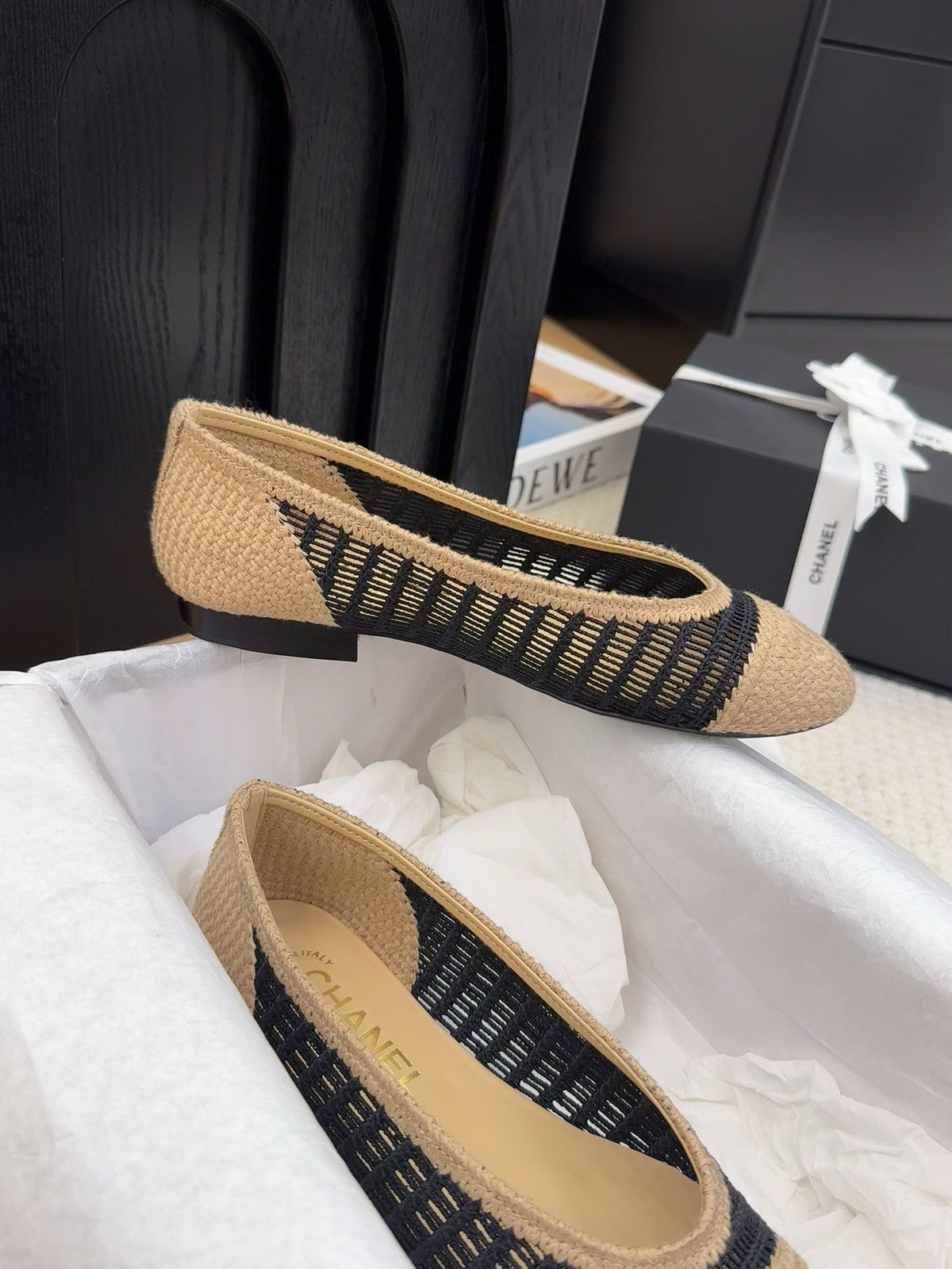 BALLERINAS IN BLACK MIX PEANUT BROWN RAFFIA
