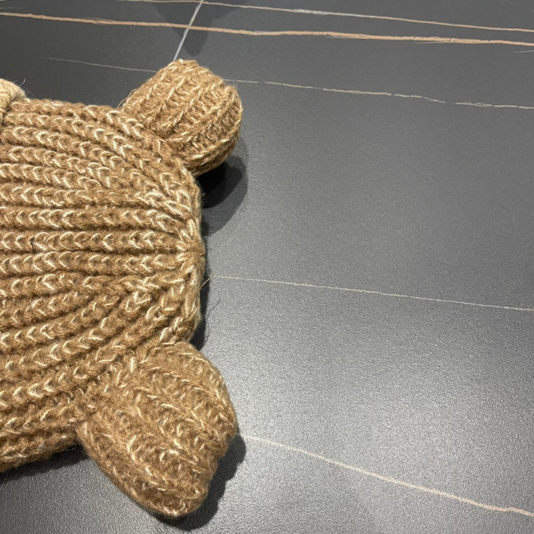 KNITTED BEANIE HAT WITH CUTE EARS IN PEANUT BROWN WOOL 403485
