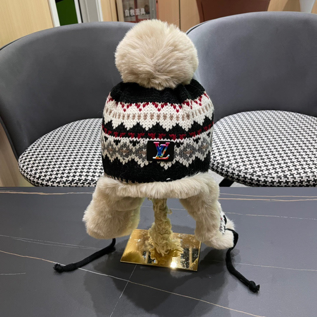 PLUSH EARMUFFS HAT IN COLORFUL WOOL AND RABBIT FUR 408171