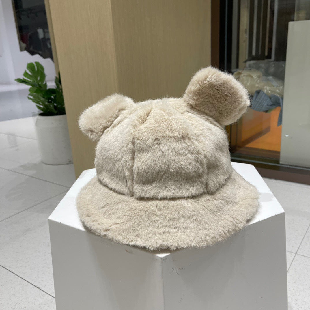 BUCKET HAT WITH CUTE BEAR EARS IN BEIGE MINK FUR 422025