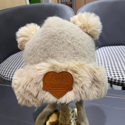 BEANIE HAT IN CREAM BEIGE WOOL AND LAMB FUR 427793