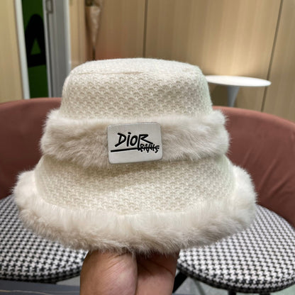 KNITTED BUCKET HAT IN WHITE FABRIC AND RABBIT FUR 431198