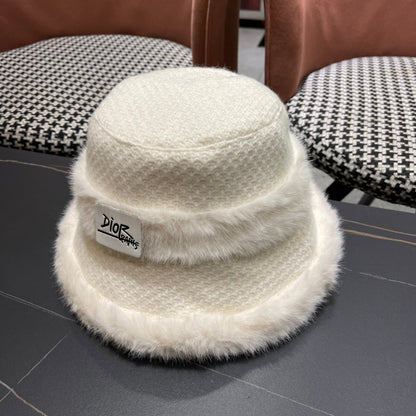 KNITTED BUCKET HAT IN WHITE FABRIC AND RABBIT FUR 431198