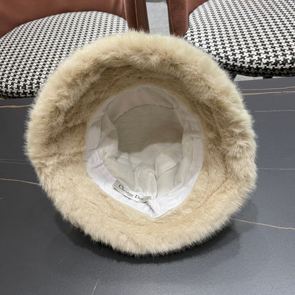 KNITTED BUCKET HAT IN BEIGE FABRIC AND RABBIT FUR 431200