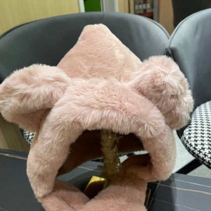 PLUSH WARM HAT IN TUSCAN BEIGE RABBIT FUR WITH FOX EARS 439585