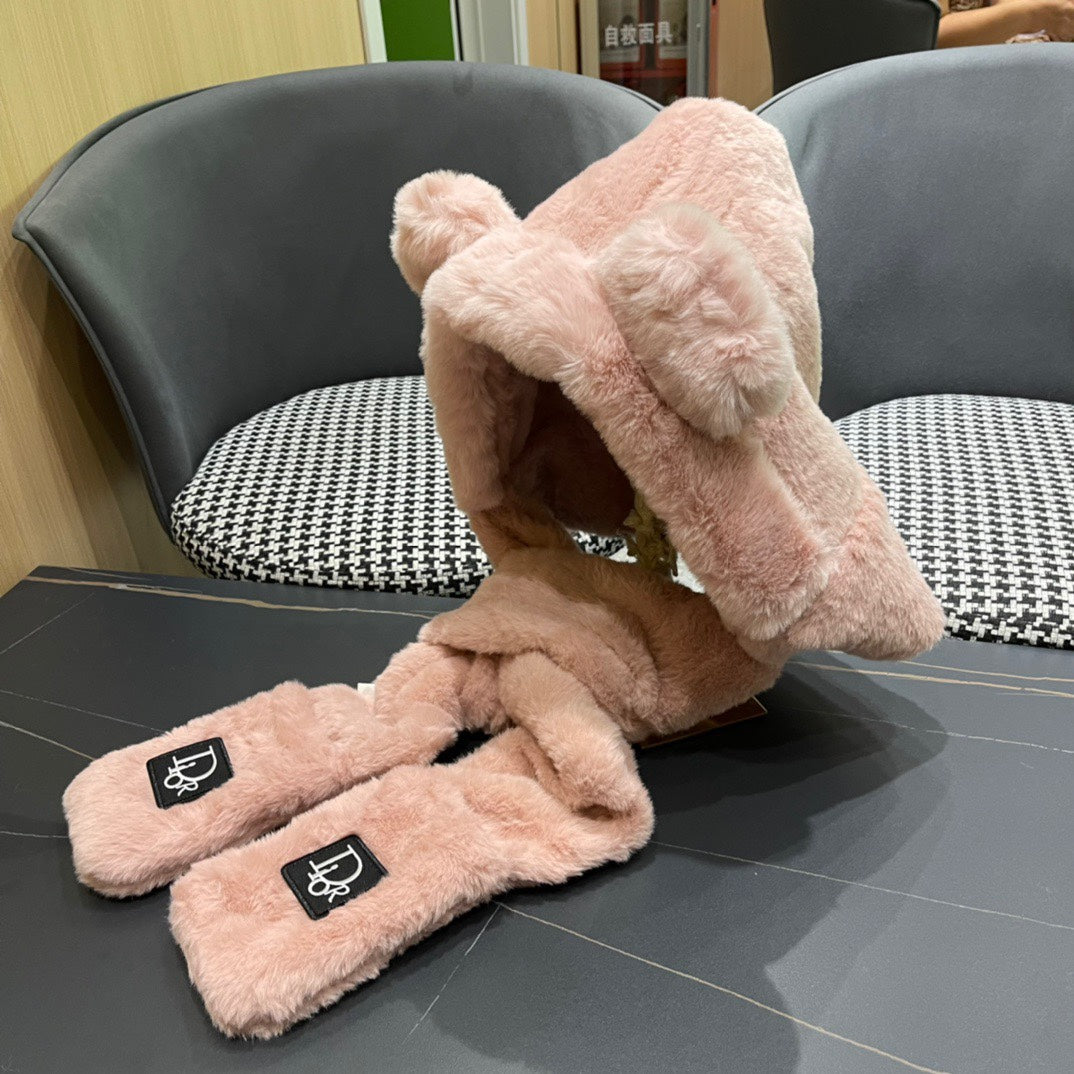 PLUSH WARM HAT IN TUSCAN BEIGE RABBIT FUR WITH FOX EARS 439585