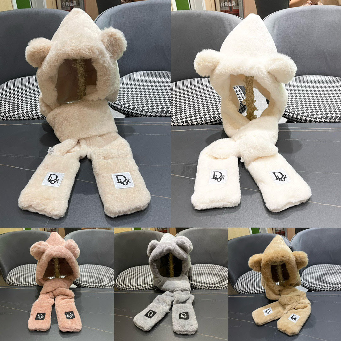 PLUSH WARM HAT IN TUSCAN BEIGE RABBIT FUR WITH FOX EARS 439585