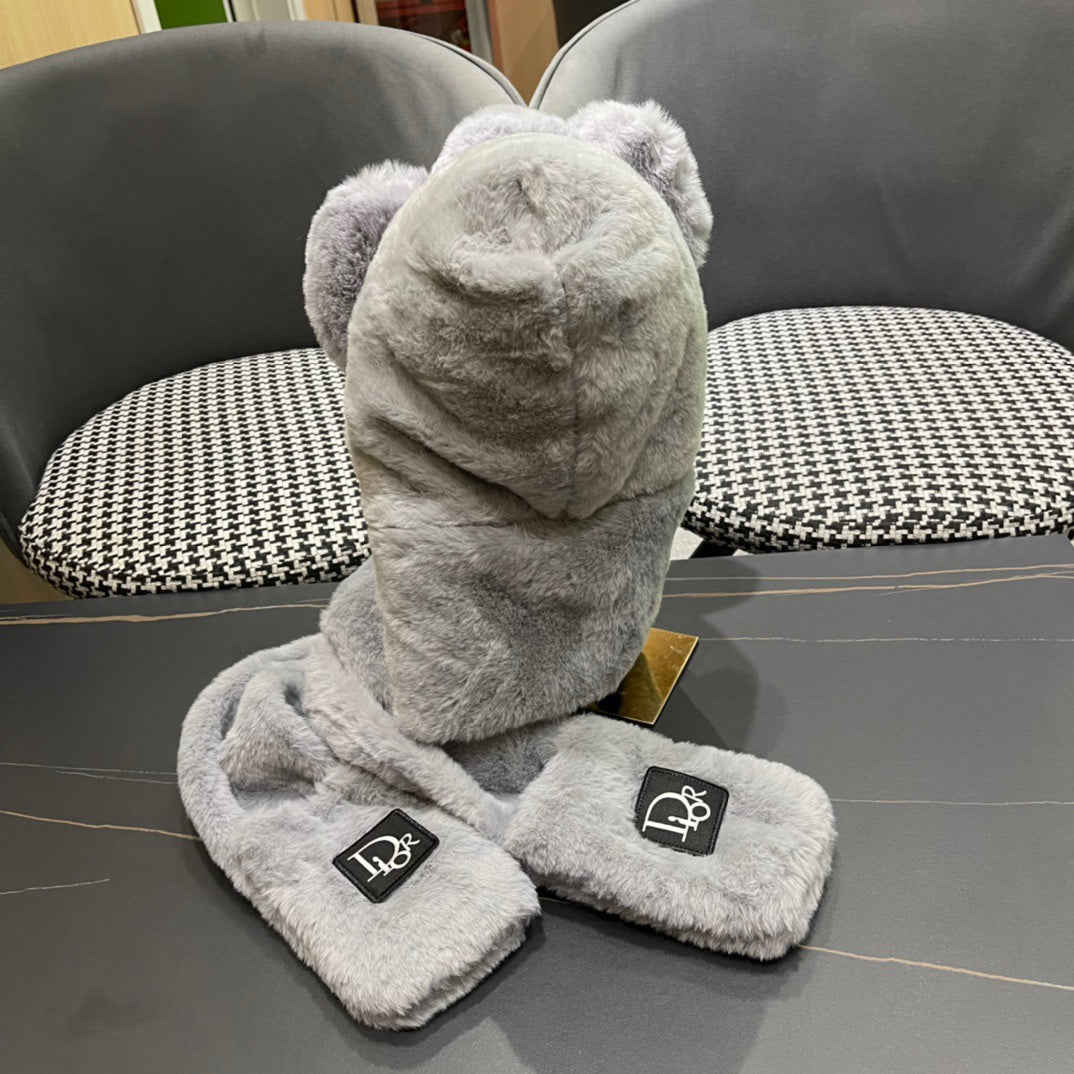 PLUSH WARM HAT IN GRAY RABBIT FUR WITH FOX EARS 439586