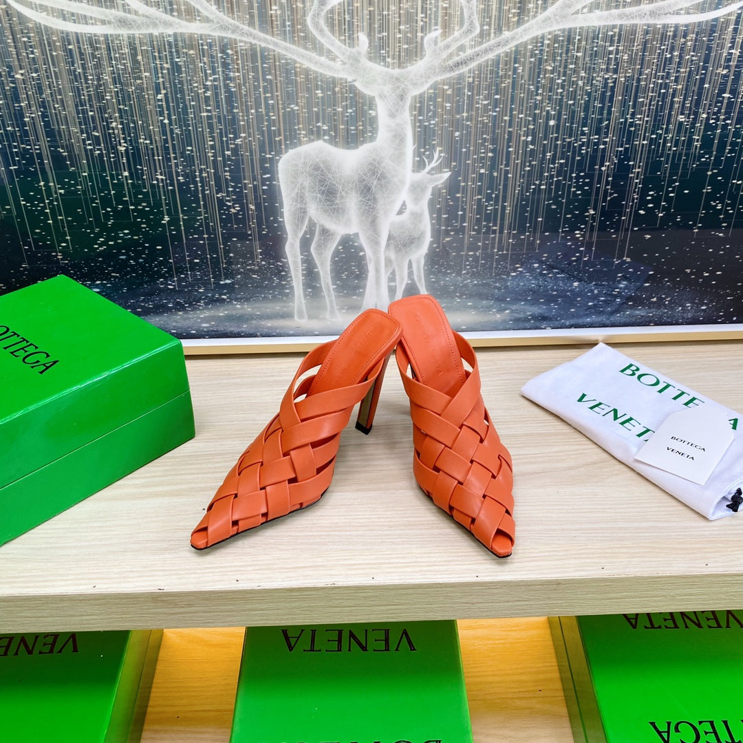 ALFIE LEATHER HIGH MULES IN VIVID ORANGE CALFSKIN WITH WOVEN DESIGN