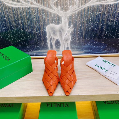 ALFIE LEATHER HIGH MULES IN VIVID ORANGE CALFSKIN WITH WOVEN DESIGN