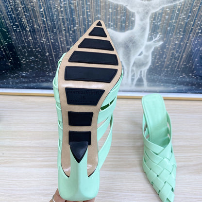 ALFIE LEATHER HIGH MULES IN GREEN MINT CALFSKIN WITH WOVEN DESIGN