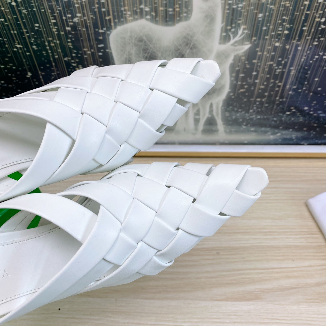 ALFIE LEATHER HIGH MULES IN WHITE CALFSKIN WITH WOVEN DESIGN