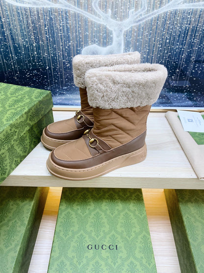 HORSEBIT ANKLE BOOTS WITH MERINO TRIM IN BROWN NYLON MIX CALFSKIN