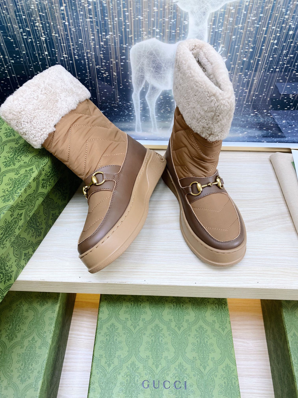 HORSEBIT ANKLE BOOTS WITH MERINO TRIM IN BROWN NYLON MIX CALFSKIN