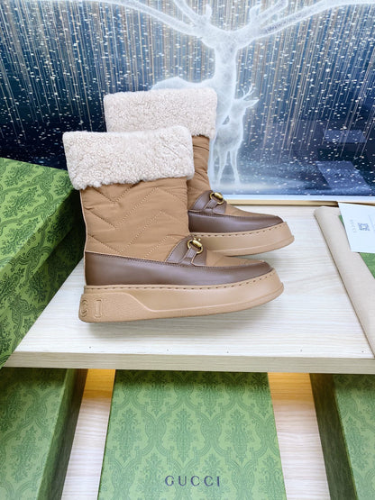 HORSEBIT ANKLE BOOTS WITH MERINO TRIM IN BROWN NYLON MIX CALFSKIN