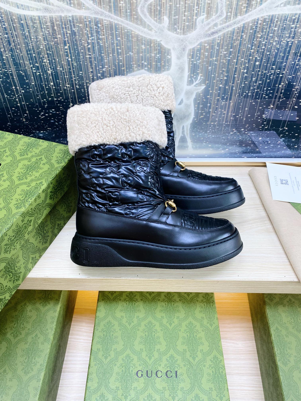 HORSEBIT ANKLE BOOTS WITH MERINO TRIM IN BLACK EMBOSSED CALFSKIN
