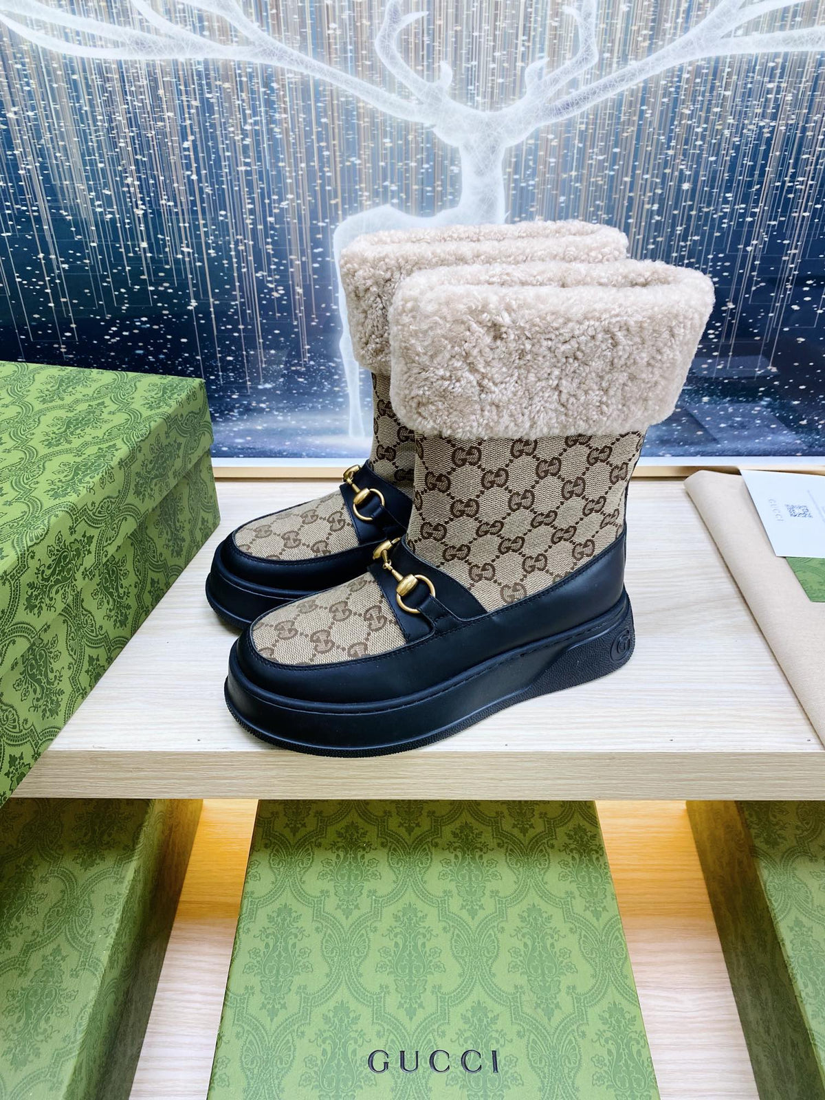 HORSEBIT ANKLE BOOTS WITH MERINO TRIM IN BEIGE JACQUARD FABRIC MIX BLACK CALFSKIN