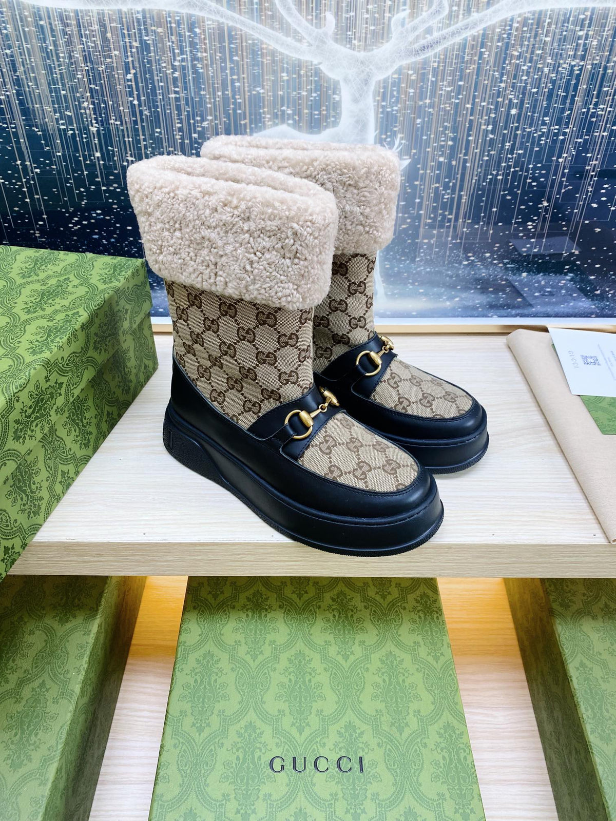 HORSEBIT ANKLE BOOTS WITH MERINO TRIM IN BEIGE JACQUARD FABRIC MIX BLACK CALFSKIN