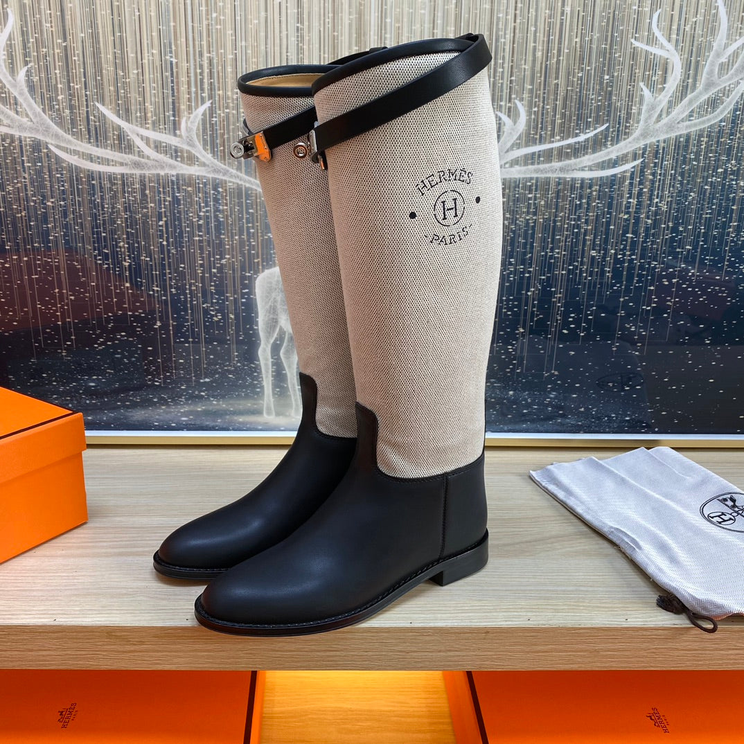 KNEE HIGH BOOTS IN BLACK CALFSKIN AND WHITE FABRIC