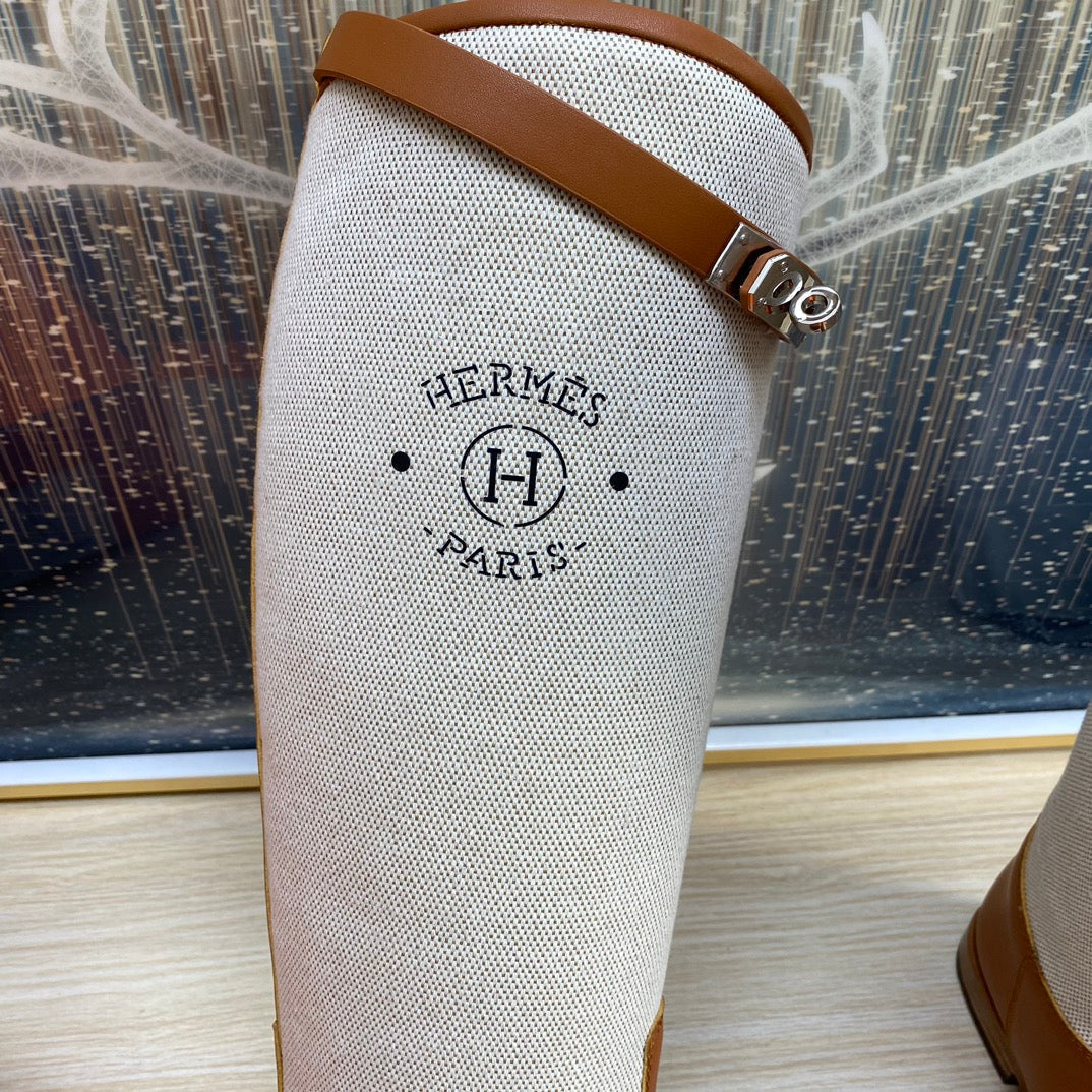 KNEE HIGH BOOTS IN BRONZE BROWN CALFSKIN AND WHITE FABRIC