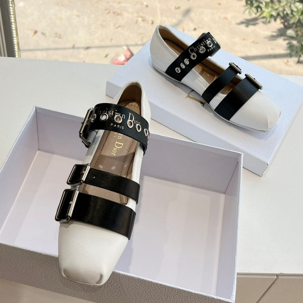 PUNK BALLET FLAT IN WHITE MIX BLACK SUPPLE CALFSKIN