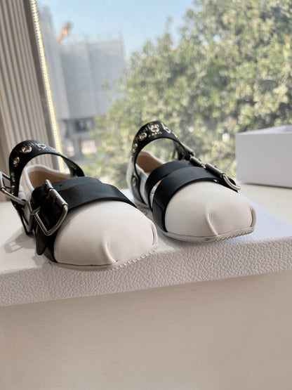 PUNK BALLET FLAT IN WHITE MIX BLACK SUPPLE CALFSKIN