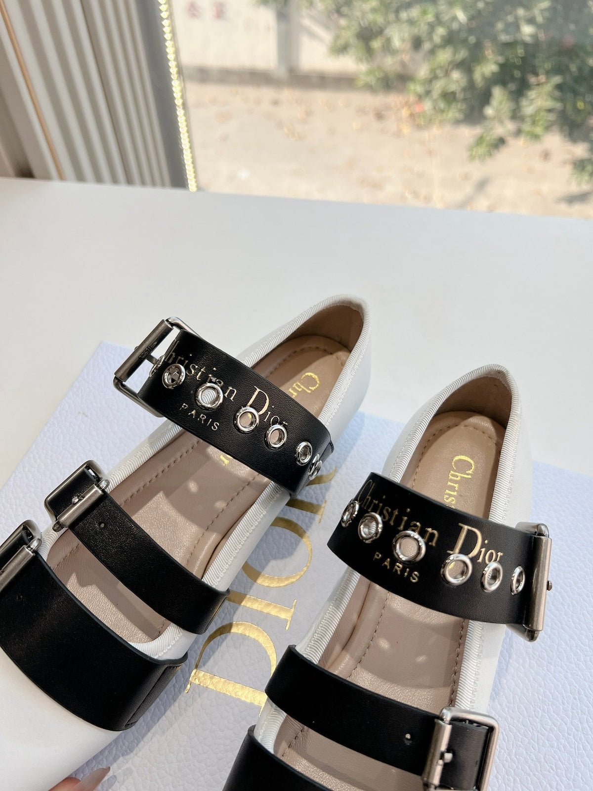 PUNK BALLET FLAT IN WHITE MIX BLACK SUPPLE CALFSKIN