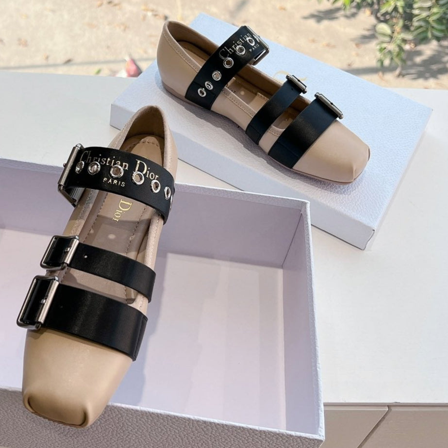 PUNK BALLET FLAT IN CAMEL BEIGE MIX BLACK SUPPLE CALFSKIN