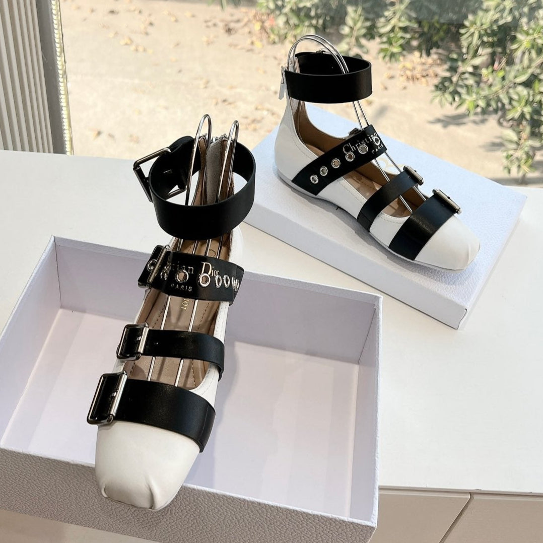 PUNK BALLET FLAT IN WHITE MIX BLACK CALFSKIN