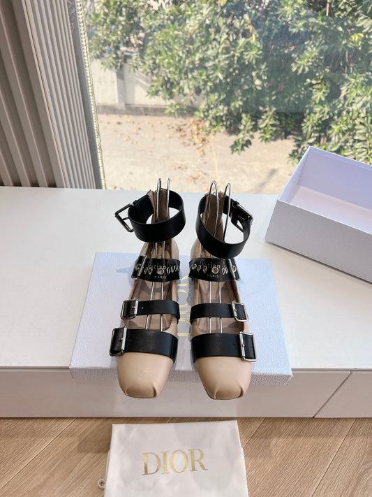 PUNK BALLET FLAT IN BLACK MIX CAMEL BEIGE CALFSKIN