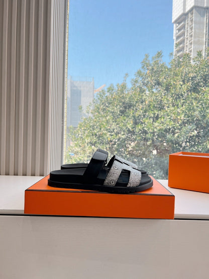 CHYPRE SANDAL IN BLACK MIX WHITE LIZARD SKIN