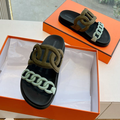 EXTRA SANDAL IN ARMY GREEN MIX ELECTRIC BLUE CALFSKIN