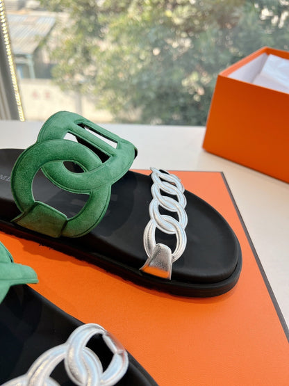 EXTRA SANDAL IN MEDIUM GREEN MIX SILVER CALFSKIN