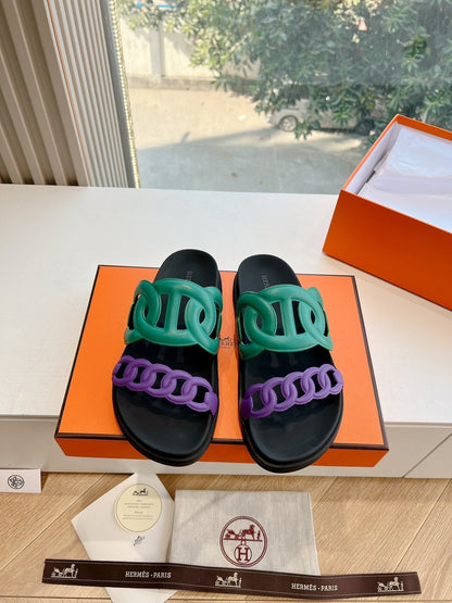 EXTRA SANDAL IN MEDIUM GREEN MIX VIOLET PURPLE CALFSKIN