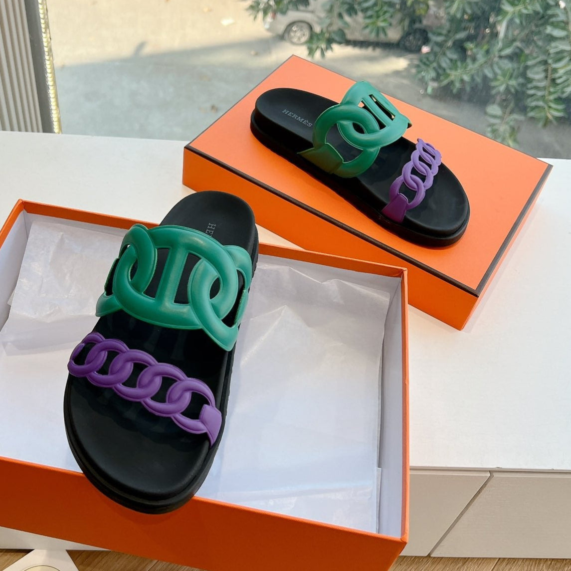 EXTRA SANDAL IN MEDIUM GREEN MIX VIOLET PURPLE CALFSKIN