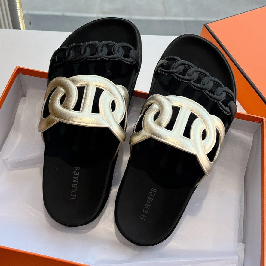 EXTRA SANDAL IN GOLD MIX BLACK CALFSKIN