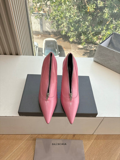 ZIPPER POINTED-TOE HIGH PUMPS IN BUBBLEGUM PINK SHINY LAMBSKIN