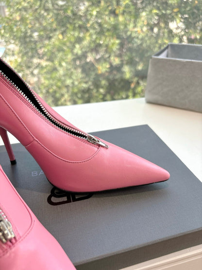 ZIPPER POINTED-TOE HIGH PUMPS IN BUBBLEGUM PINK SHINY LAMBSKIN