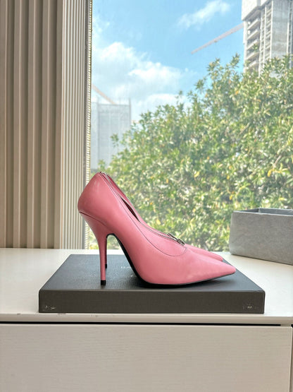 ZIPPER POINTED-TOE HIGH PUMPS IN BUBBLEGUM PINK SHINY LAMBSKIN