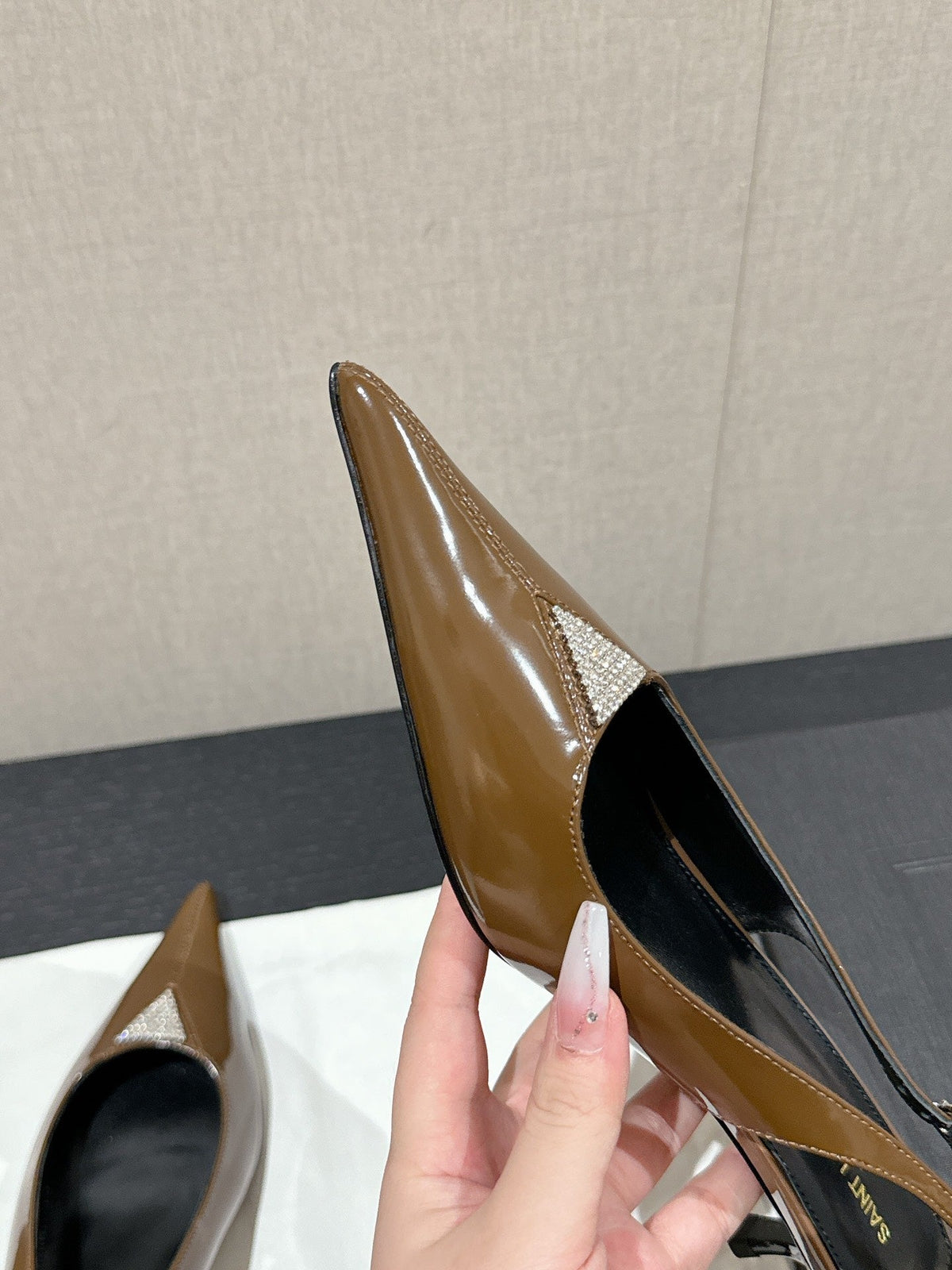 SL CHERISH CRYSTAL SLINGBACK ASH BROWN CALFSKIN