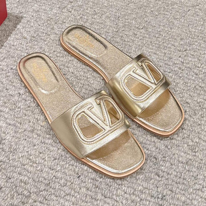 VLOGO CUT-OUT GOLD CALFSKIN SLIDE SANDAL
