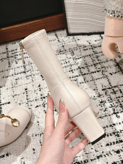HORSEBIT ANKLE BOOTS 6.5CM IN WHITE SHEEPSKIN